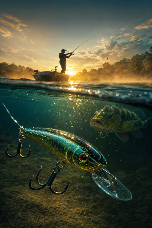 Frame original do estudo de image-to-video com peixe, isca e pescador